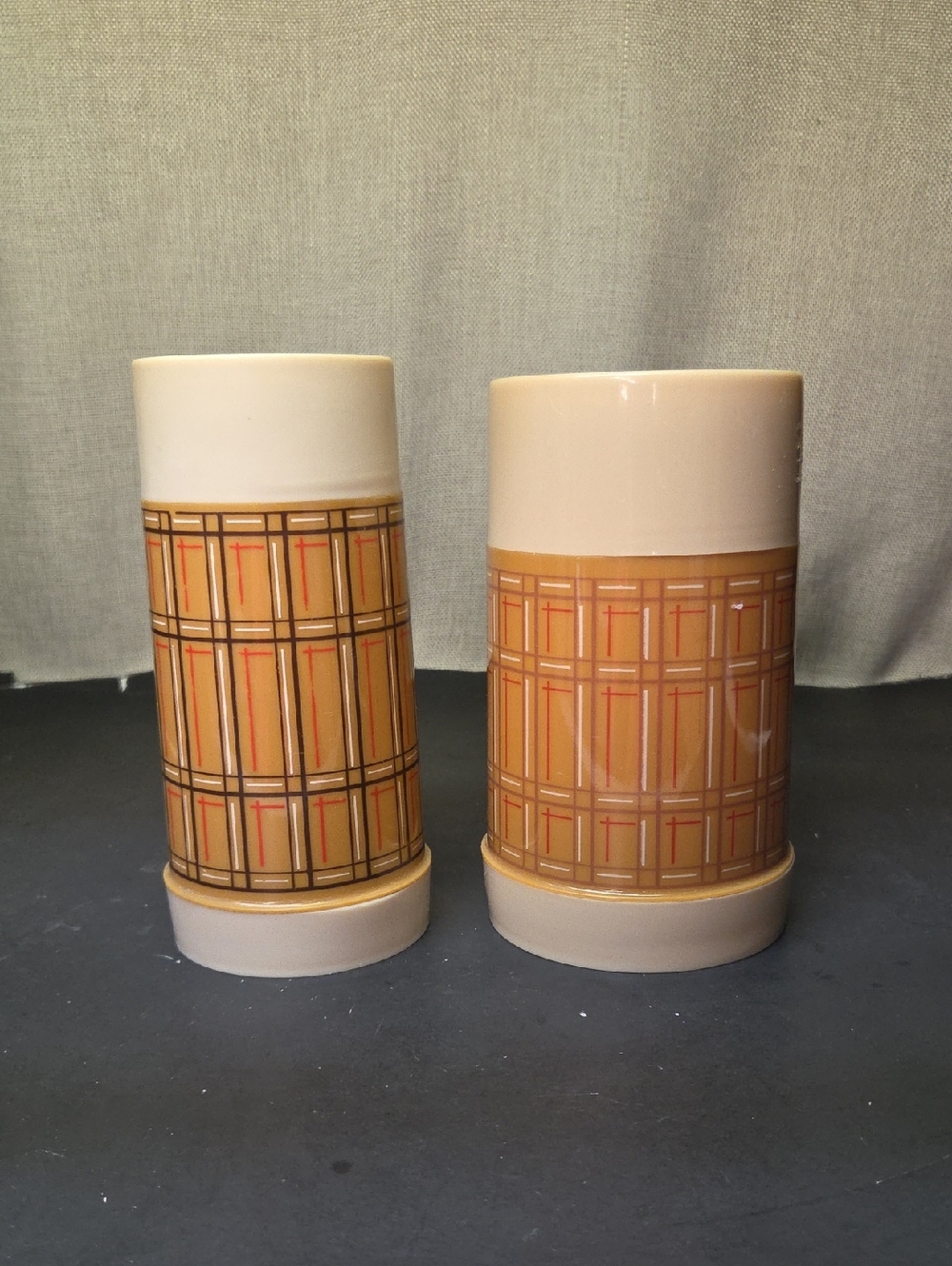 Vintage Aladdin Best Buy Thermos Bottles Plaid Pint & 10 ounces Wide Mouth Brown